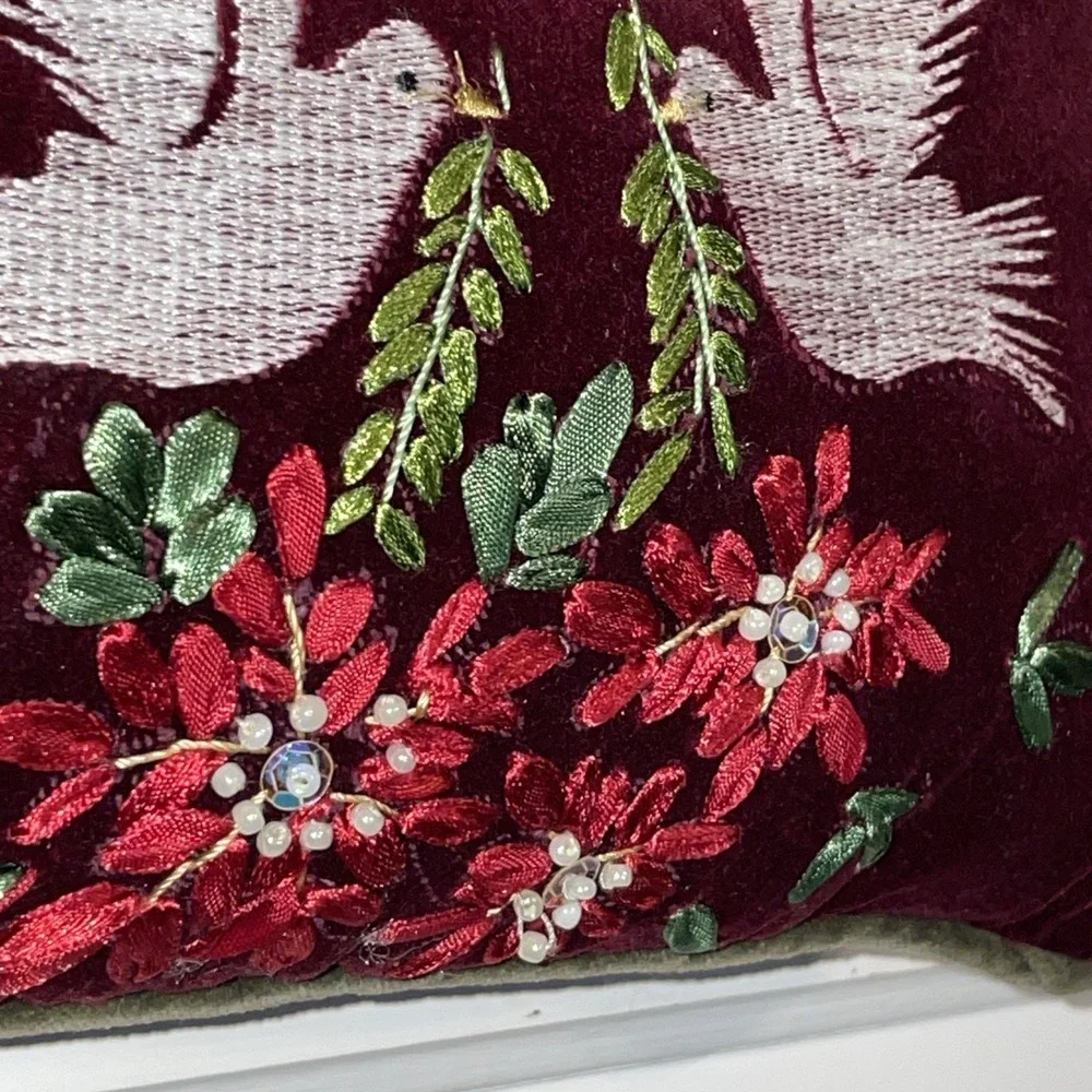 Vintage Maroon Velvet Ribbon Embroidery Rectangle Pillow Doves Hang Handle Strap